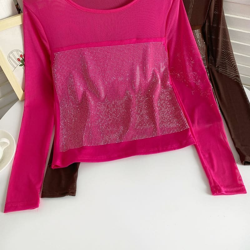 Long-Sleeve Scoop Neck Rhinestone Mesh Top