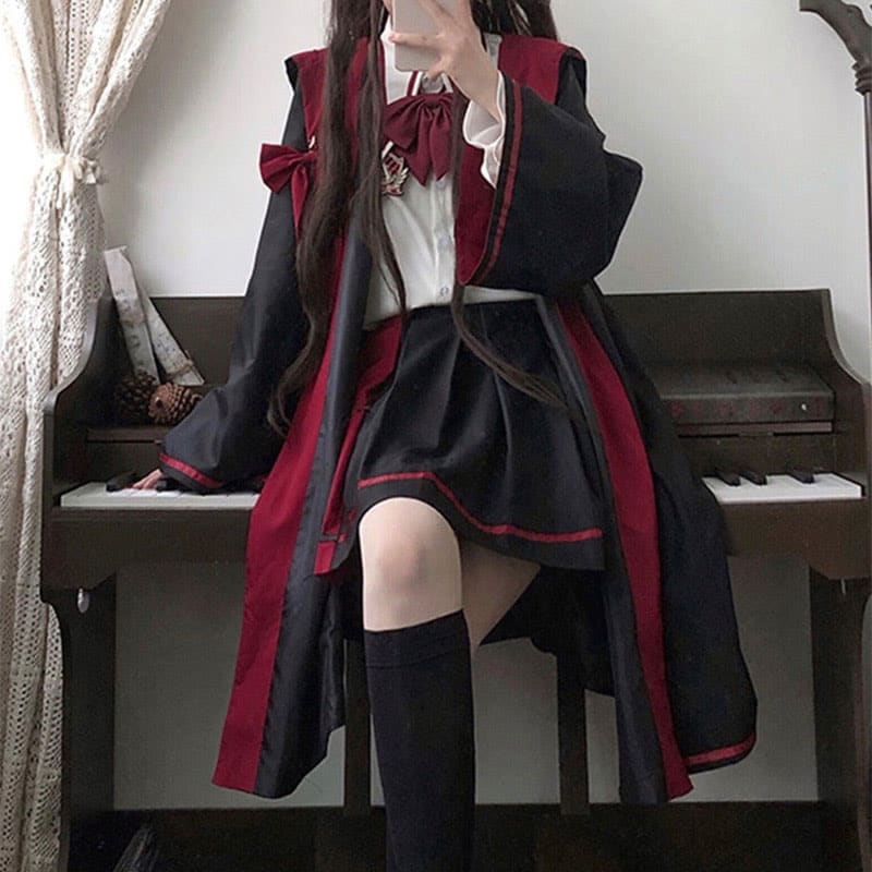 Long Sleeve Shirt Pleated Skirt Hooded Cloak Three Pieces