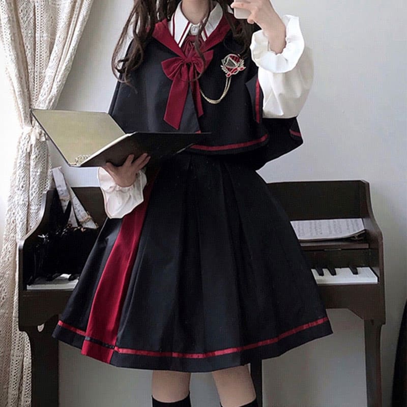 Long Sleeve Shirt Pleated Skirt Hooded Cloak Three Pieces