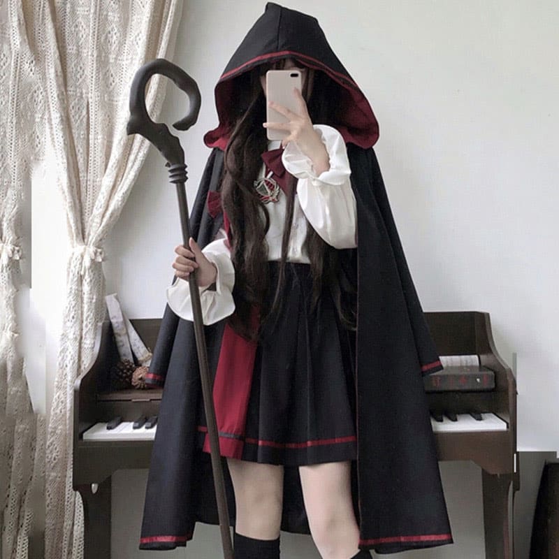 Long Sleeve Shirt Pleated Skirt Hooded Cloak Three Pieces