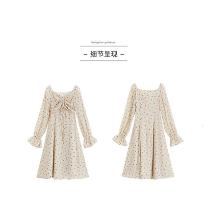 Long Sleeve Square Neck Drawstring Floral Chiffon Dress