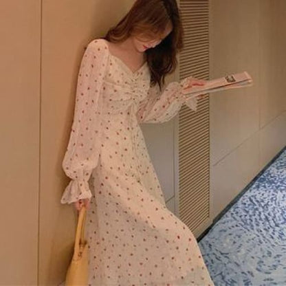 Long Sleeve Square Neck Drawstring Floral Chiffon Dress