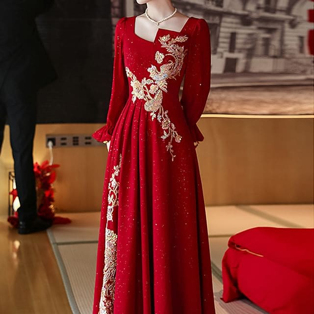 Long-Sleeve Square Neck Embroidered A-Line Evening Gown