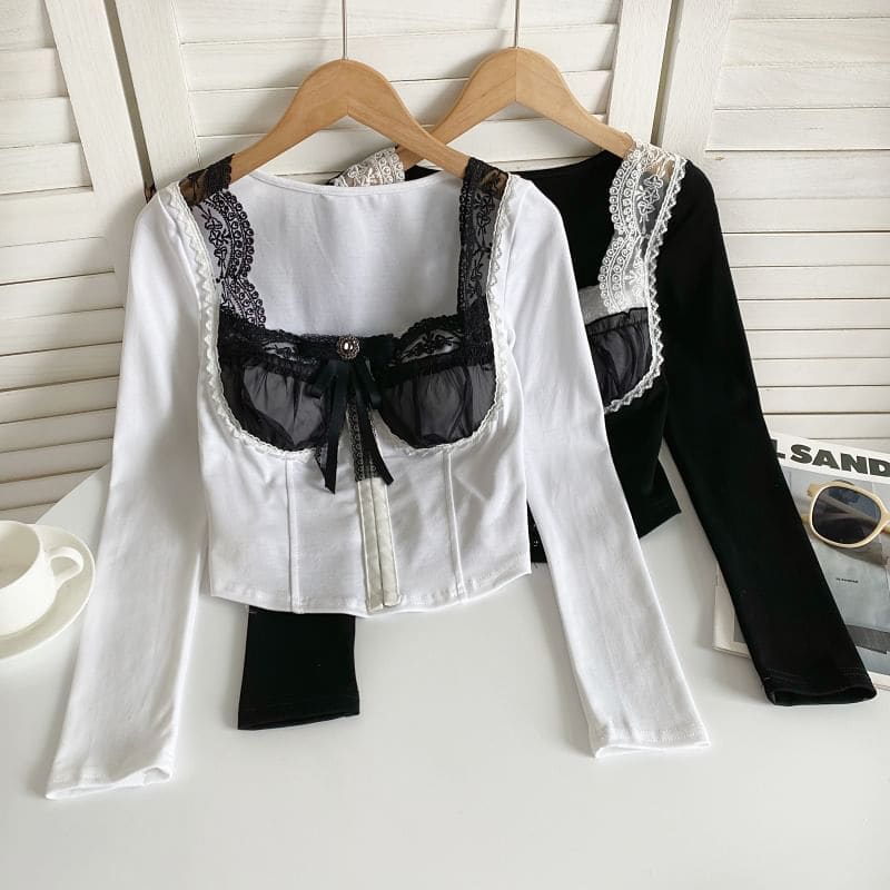 Long-Sleeve Square Neck Embroidered Bow Panel Mesh Top