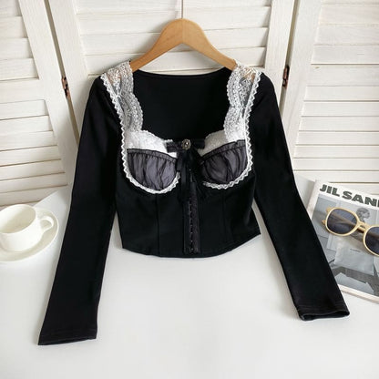 Long-Sleeve Square Neck Embroidered Bow Panel Mesh Top