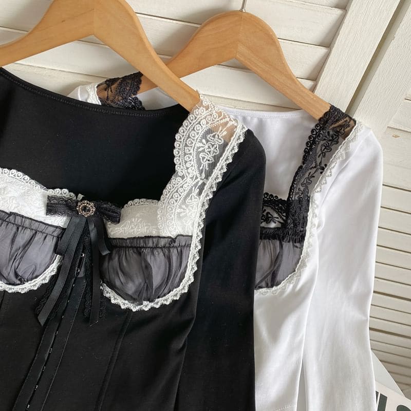 Long-Sleeve Square Neck Embroidered Bow Panel Mesh Top