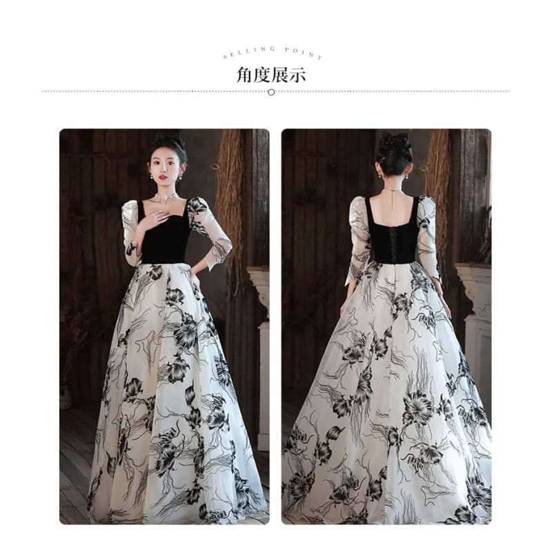 Long-Sleeve Square Neck Floral A-Line Evening Gown