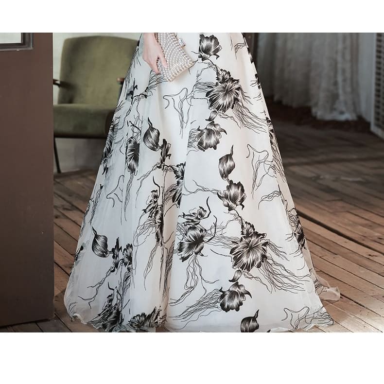 Long-Sleeve Square Neck Floral A-Line Evening Gown