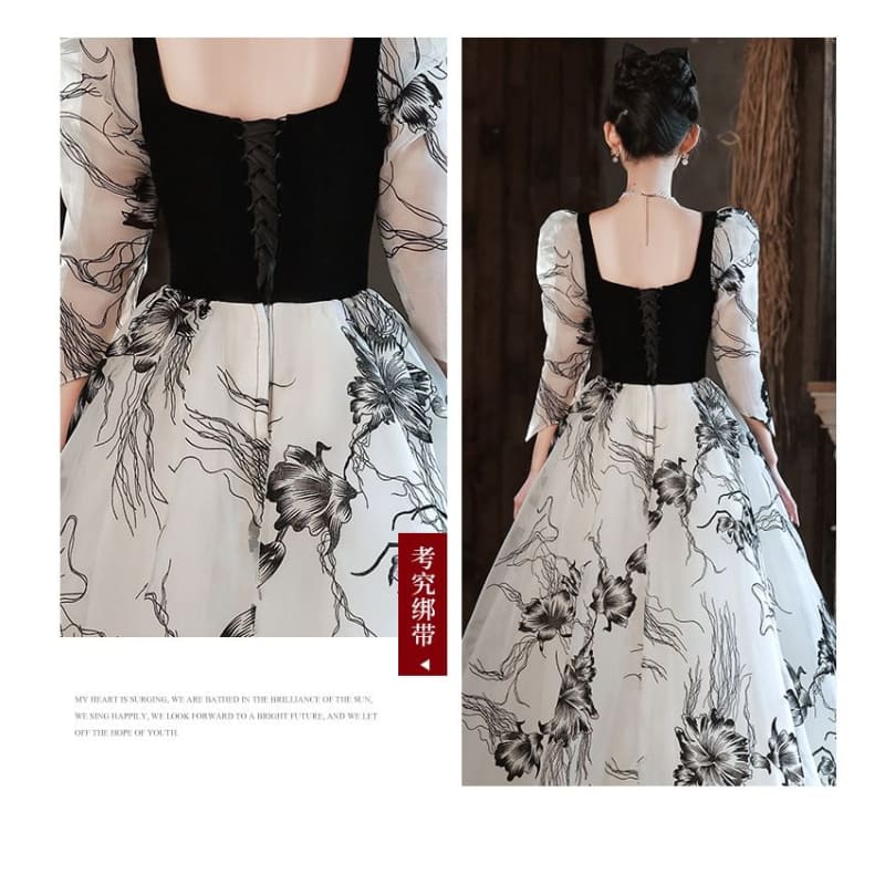 Long-Sleeve Square Neck Floral A-Line Evening Gown