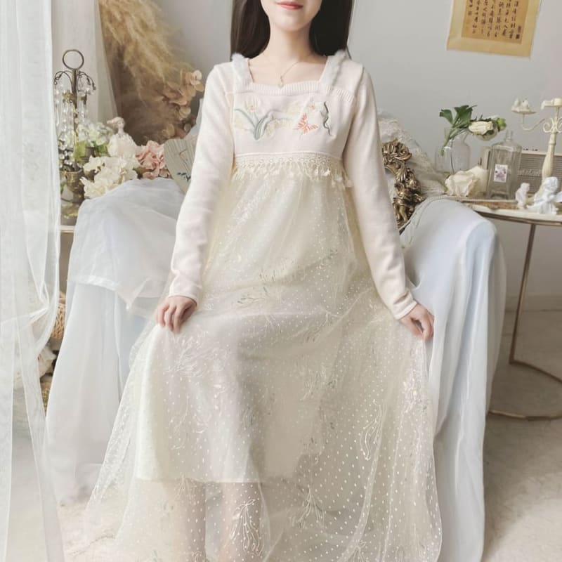 Long-Sleeve Square Neck Floral Embroidered Mesh Panel Midi