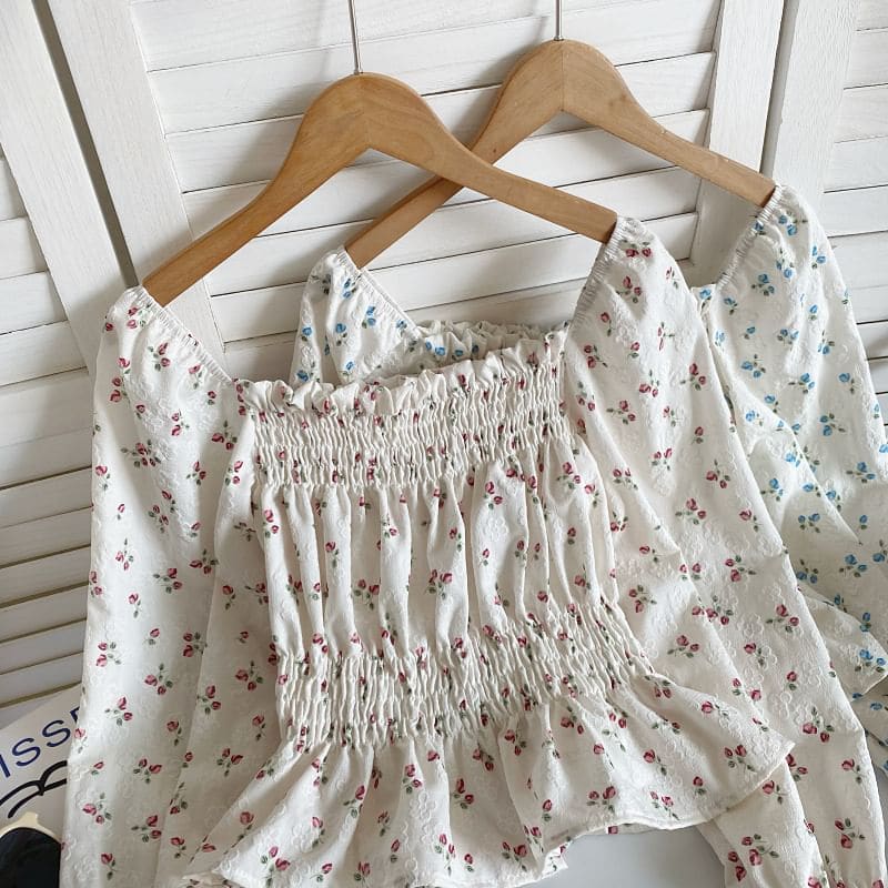 Long-Sleeve Square Neck Floral Print Ruched Ruffle Top