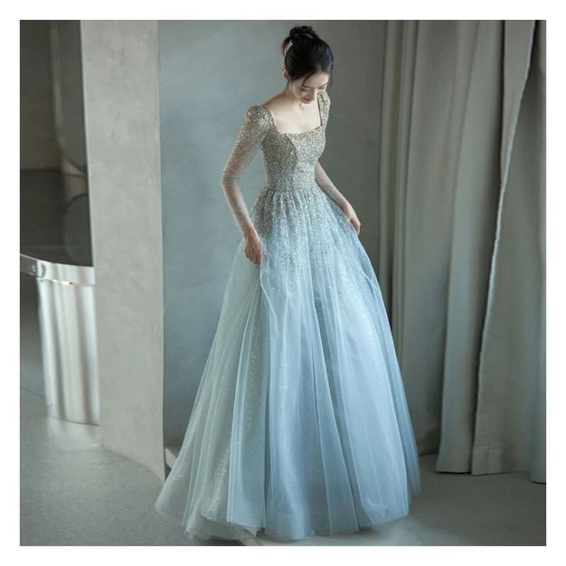 Long-Sleeve Square Neck Mesh A-Line Evening Gown