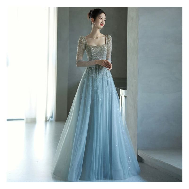 Long-Sleeve Square Neck Mesh A-Line Evening Gown