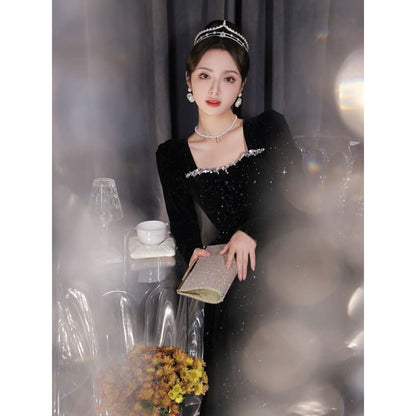 Long-Sleeve Square Neck Sequin A-Line Evening Gown