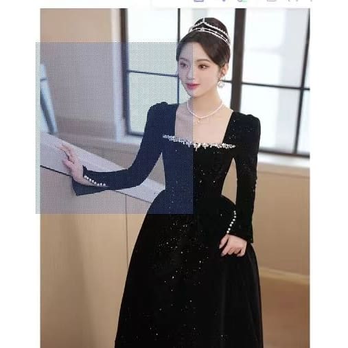 Long-Sleeve Square Neck Sequin A-Line Evening Gown