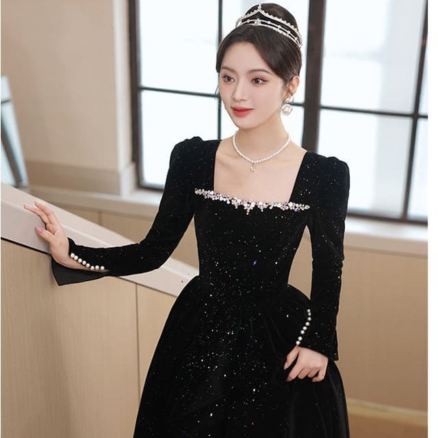 Long-Sleeve Square Neck Sequin A-Line Evening Gown