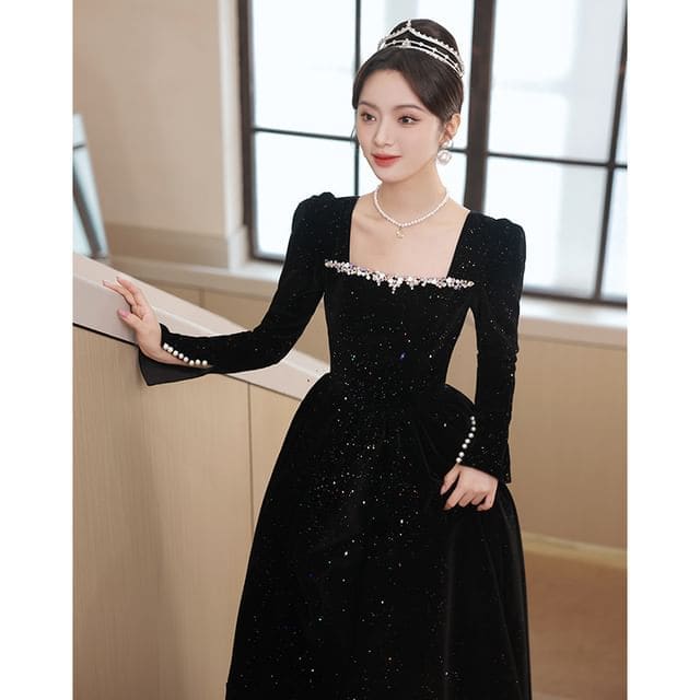 Long-Sleeve Square Neck Sequin A-Line Evening Gown - Sequin