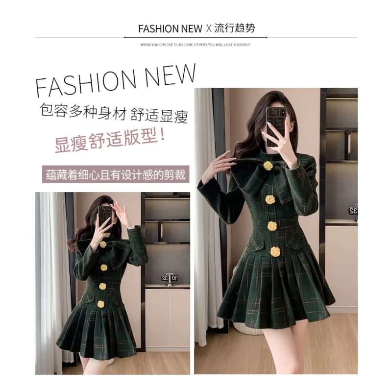 Long Sleeve Stand Collar Bowknot Plaid Pleated Mini A-Line