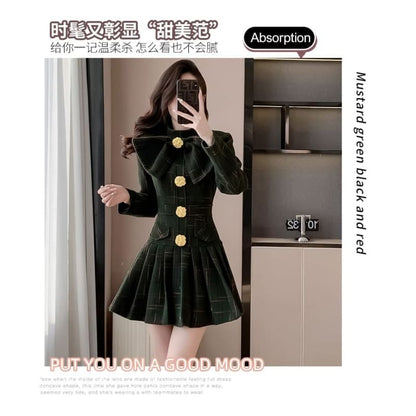 Long Sleeve Stand Collar Bowknot Plaid Pleated Mini A-Line