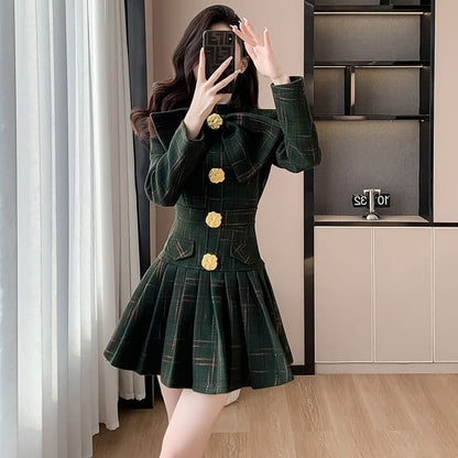 Long Sleeve Stand Collar Bowknot Plaid Pleated Mini A-Line