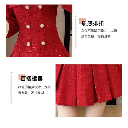 Long Sleeve Stand Collar Bowknot Tweed Mini Pleated A-Line