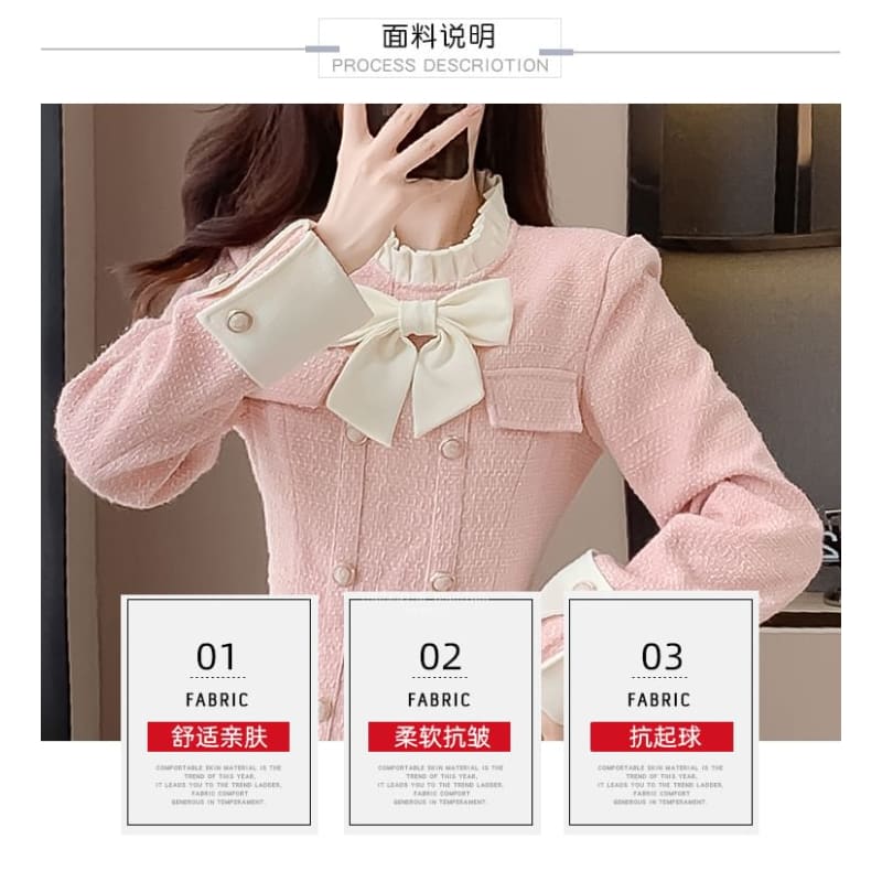 Long Sleeve Stand Collar Bowknot Tweed Mini Pleated A-Line