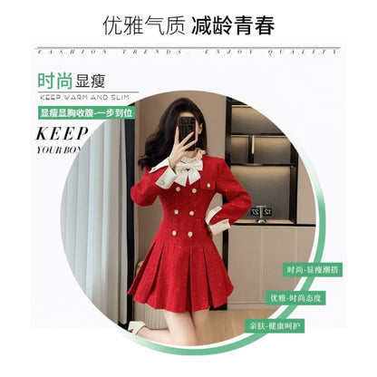 Long Sleeve Stand Collar Bowknot Tweed Mini Pleated A-Line