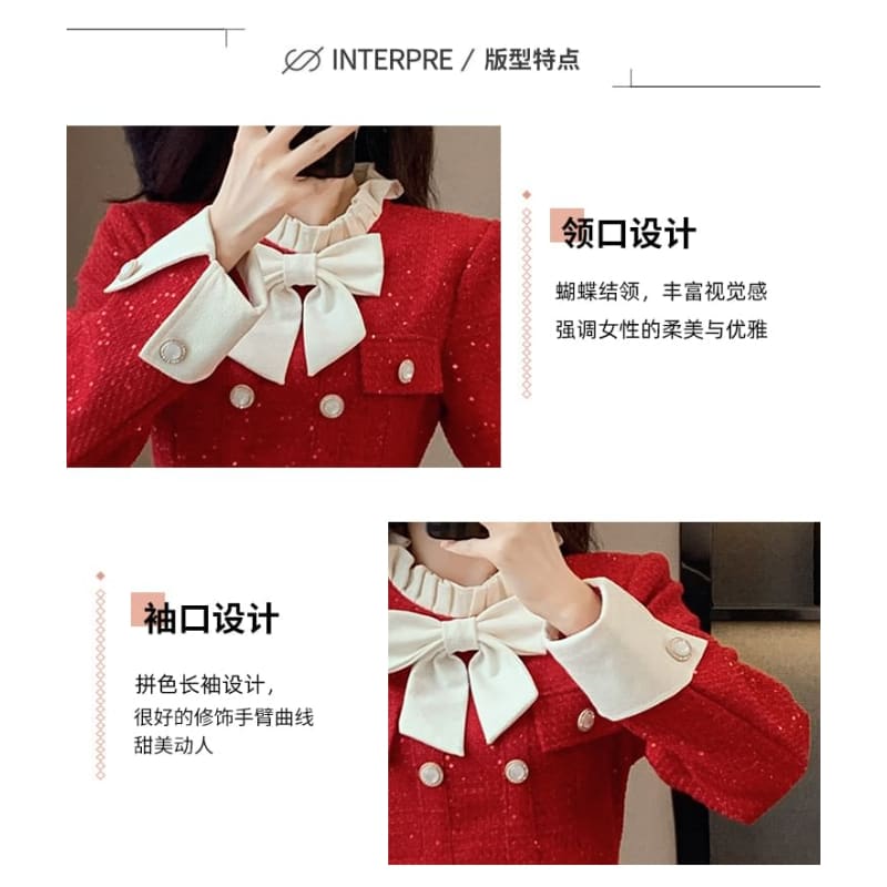 Long Sleeve Stand Collar Bowknot Tweed Mini Pleated A-Line