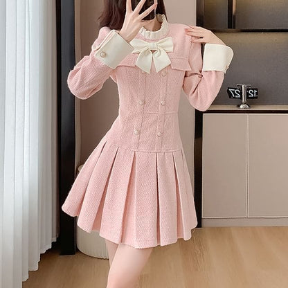 Long Sleeve Stand Collar Bowknot Tweed Mini Pleated A-Line