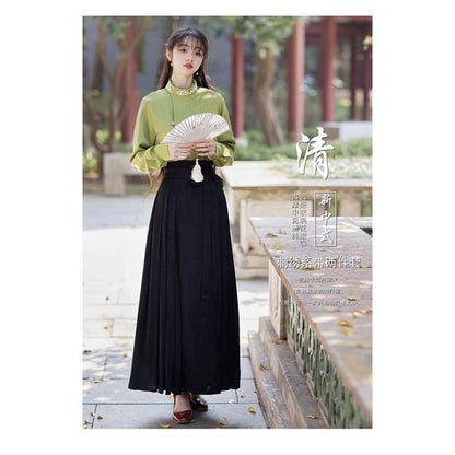 Long-Sleeve Stand Collar Embroidered Blouse / Tie-Waist