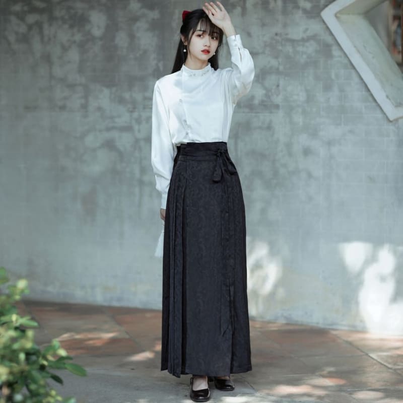 Long-Sleeve Stand Collar Embroidered Blouse / Tie-Waist