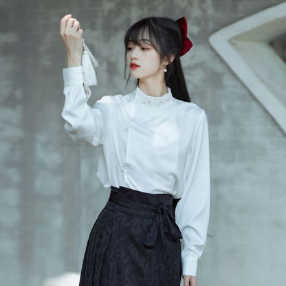 Long-Sleeve Stand Collar Embroidered Blouse / Tie-Waist