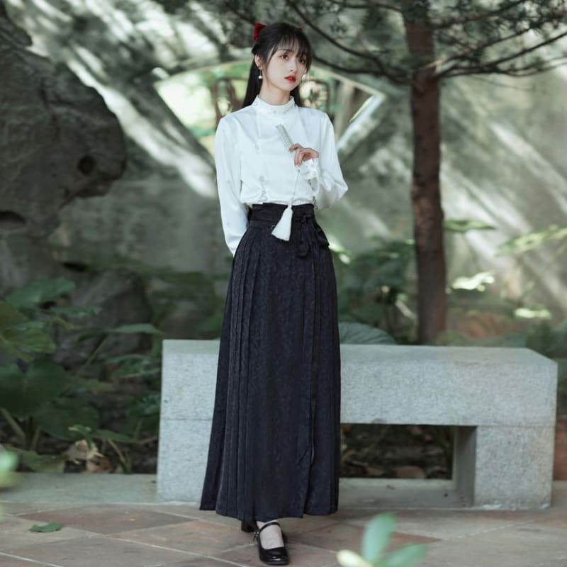 Long-Sleeve Stand Collar Embroidered Blouse / Tie-Waist