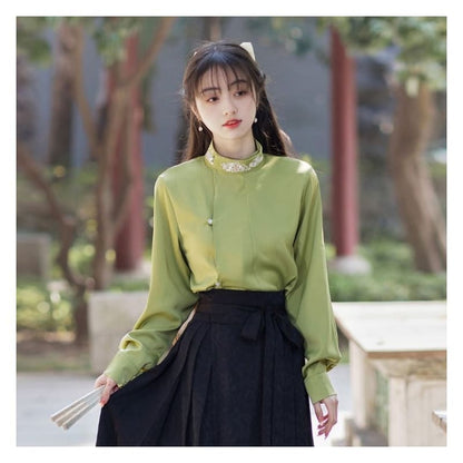 Long-Sleeve Stand Collar Embroidered Blouse / Tie-Waist