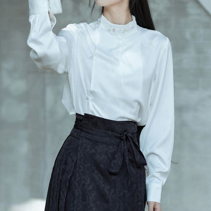 Long-Sleeve Stand Collar Embroidered Blouse / Tie-Waist