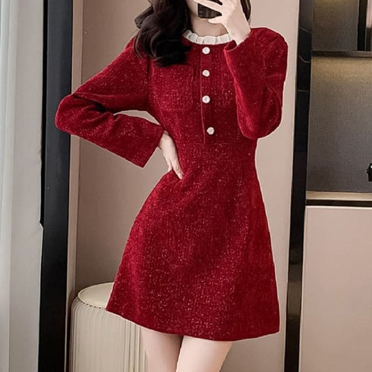 Long-Sleeve Stand Collar Glitter Button Accent Contrast