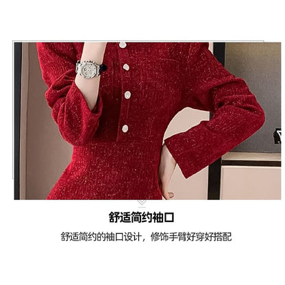 Long-Sleeve Stand Collar Glitter Button Accent Contrast