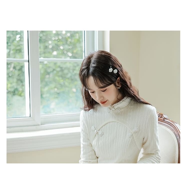 Long Sleeve Stand Collar Plain Lace Trim Ribbed Knitted