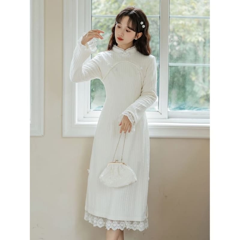 Long Sleeve Stand Collar Plain Lace Trim Ribbed Knitted