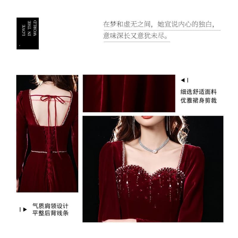 Long-Sleeve Sweetheart-Neckline Rhinestone A-Line Evening