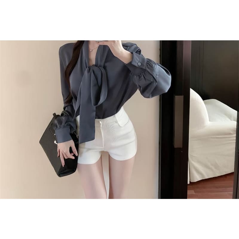 Long-Sleeve Tie-Neck Plain Blouse