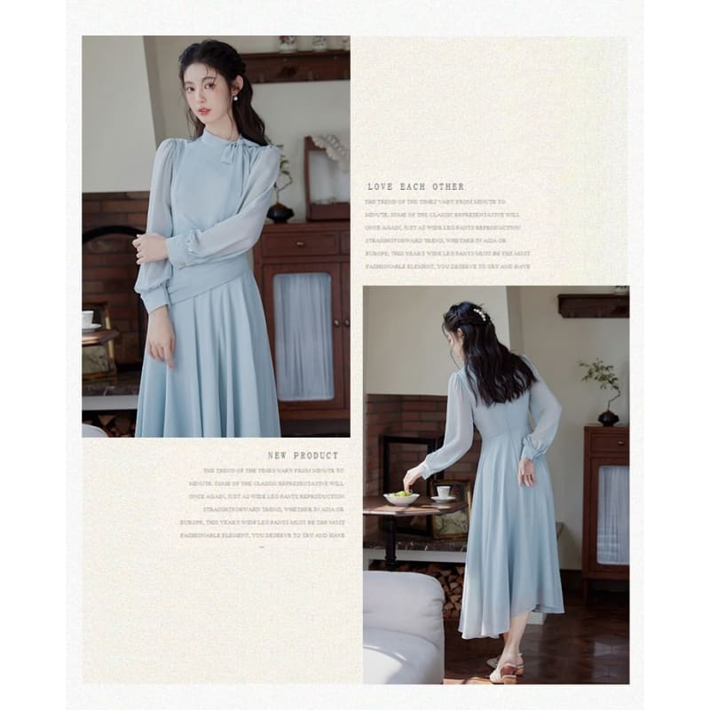 Long-Sleeve Tie Neck Plain Maxi A-Line Dress