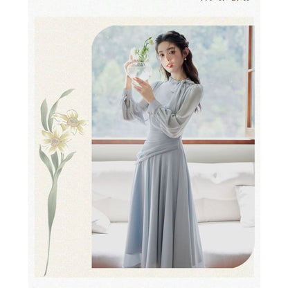 Long-Sleeve Tie Neck Plain Maxi A-Line Dress