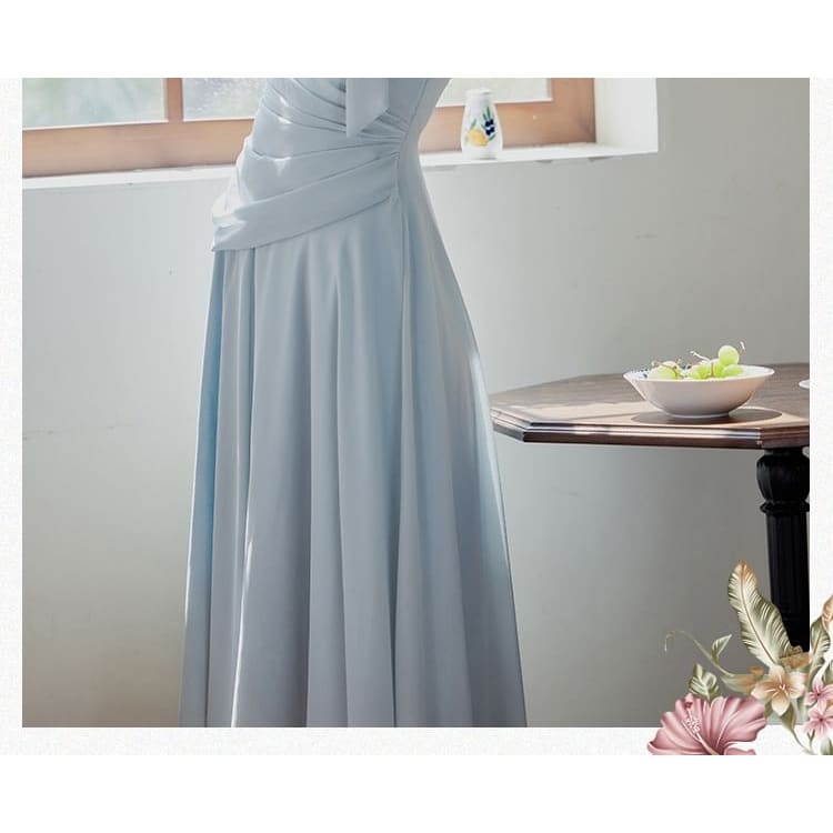 Long-Sleeve Tie Neck Plain Maxi A-Line Dress