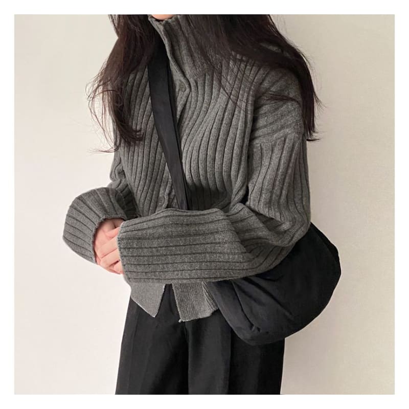 Long-Sleeve Turtleneck Buttoned Rib-Knit Cardigan