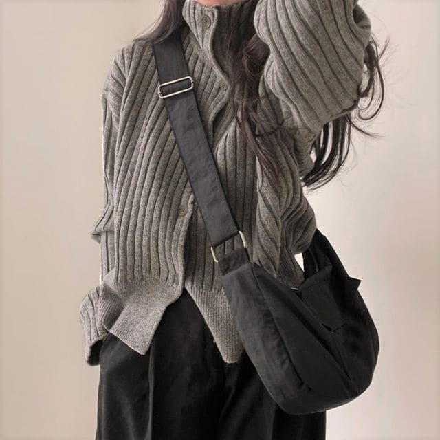 Long-Sleeve Turtleneck Buttoned Rib-Knit Cardigan