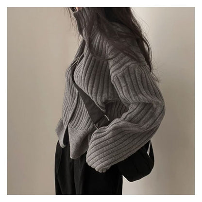 Long-Sleeve Turtleneck Buttoned Rib-Knit Cardigan