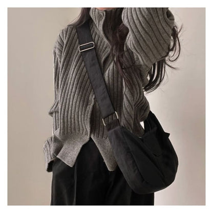 Long-Sleeve Turtleneck Buttoned Rib-Knit Cardigan