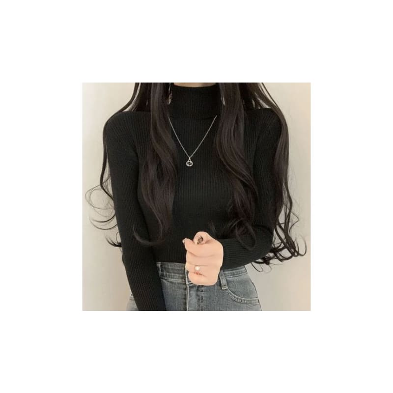 Long-Sleeve Turtleneck Plain Ribbed Knit Top