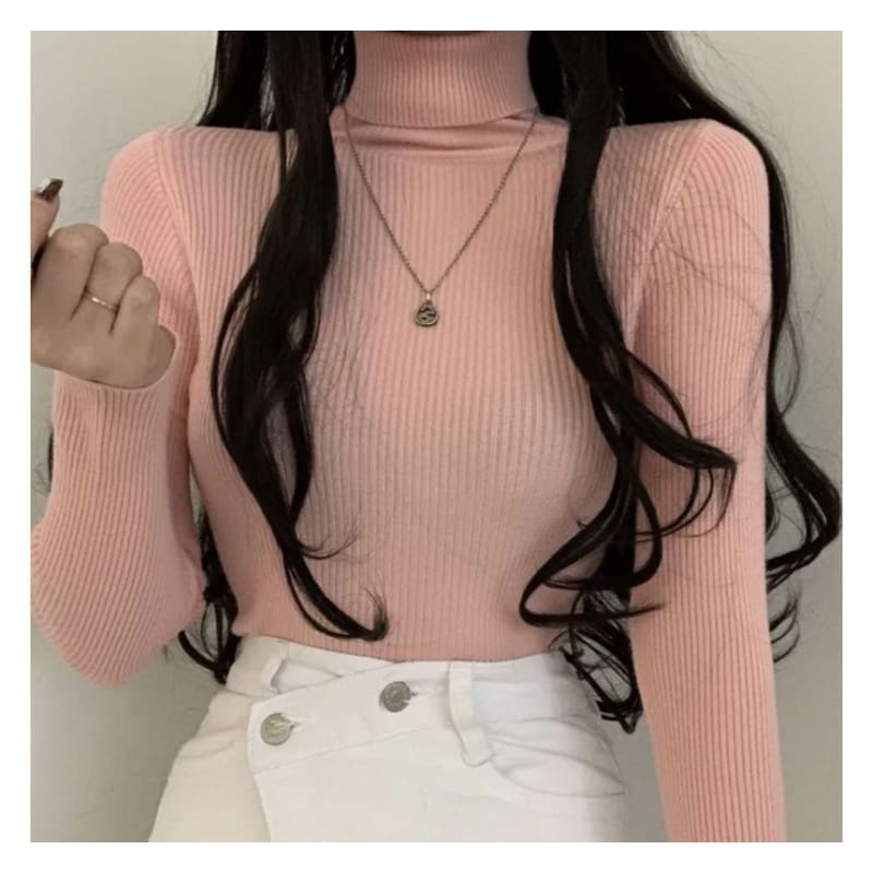 Long-Sleeve Turtleneck Plain Ribbed Knit Top